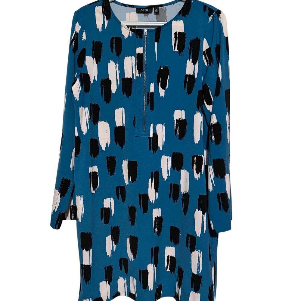 Apt. 9 Women's Long Sleeve Turquoise & Black Brush Stroke Print Dress Size M